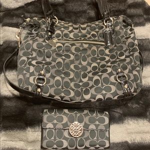 Black Canvas Coach Hobo Bag with Matching Wallet